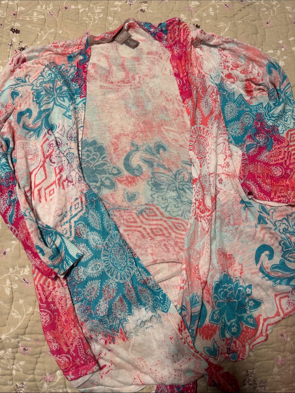 Chico's Pink and Teal Floral Kimono Cardigan